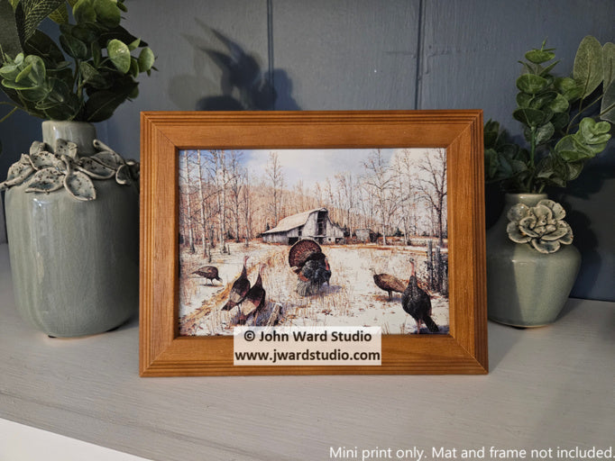 Barnyard Gobblers by John L. Ward www.jwardstudio.com Turkeys in a winter field hens jake tom turkey hunting eastern wild turkey