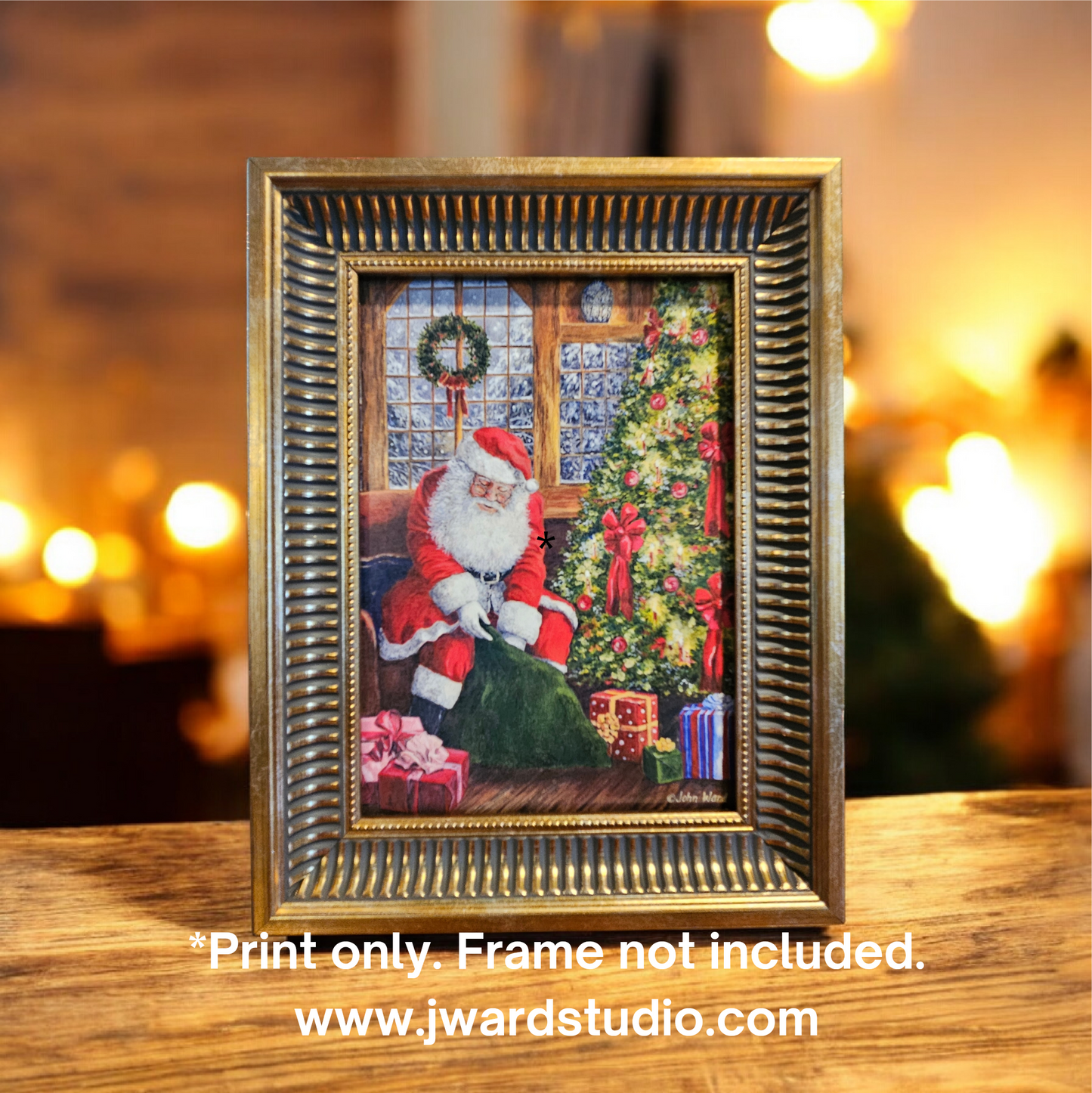 Framed print of Santa Clause in a decorated room with Christmas decorations by Kentucky artist John L Ward