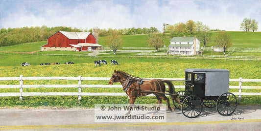 Buggy Ride by John L. Ward www.jwardstudio.com horse and Amish buggy barn farm Jersey milk cattle red barn white farmhouse