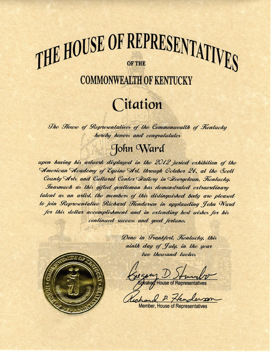 John Ward Received Honor from House of Representatives for American Academy of Equine Art