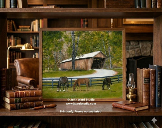 Beauty at Bennett's Mill Covered Bridge by John L. Ward www.jwardstudio.com horse Greenup County Kentucky covered bridge thoroughbred horse art