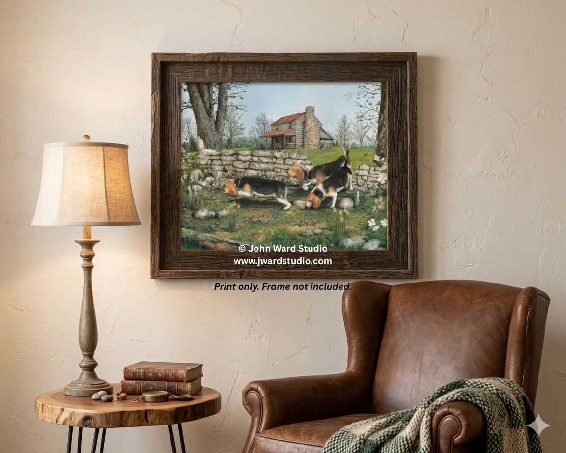 Broken Silence by Kentucky artist John L. Ward www.jwardstudio.com beagle hunting cabin rock wall
