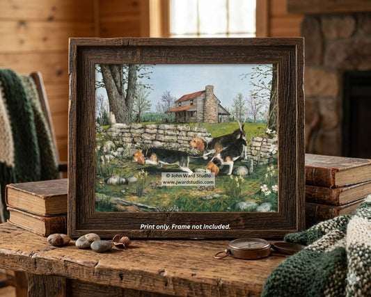 Broken Silence by Kentucky artist John L. Ward www.jwardstudio.com beagle hunting cabin rock wall