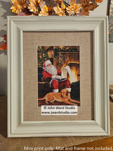 Letters to Santa by John Ward www.jwardstudio.com Santa by fireplace with golden retriever Christmas picture