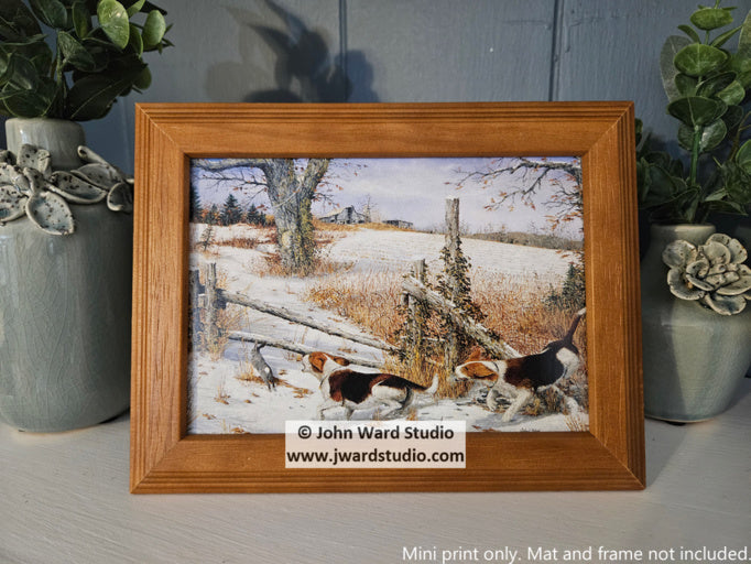 On the Jump by John Ward www.jwardstudio.com rabbit hunting beagle snow scene