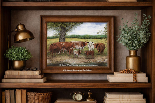 Red White and Roan by Kentucky artist John L Ward features roan cattle in a pasture by a creek