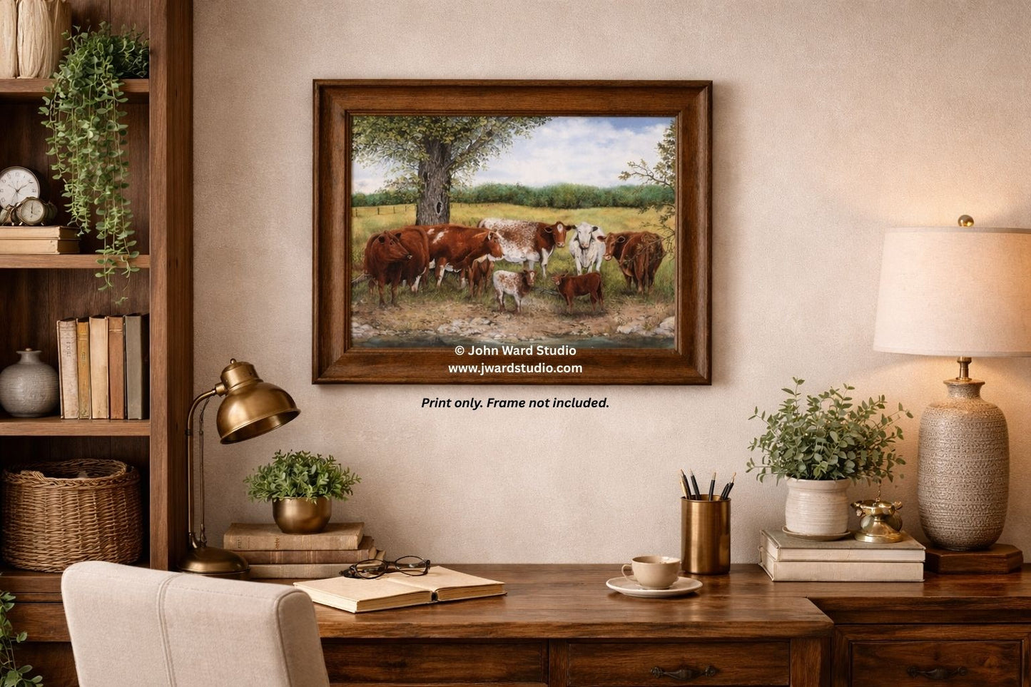 Red White and Roan by Kentucky artist John L Ward features roan cattle in a pasture by a creek