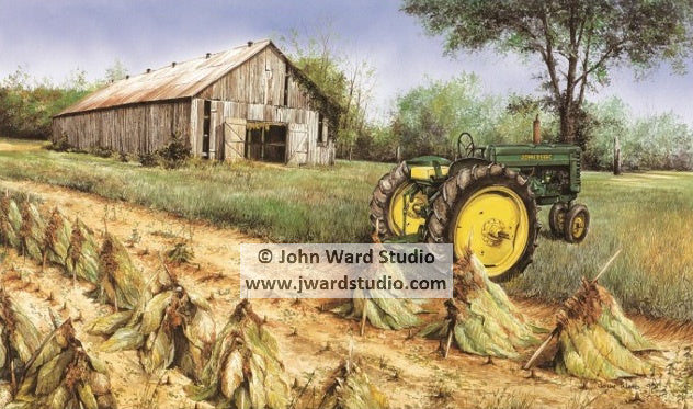 Harvest Time by John L. Ward John Deere tractor tobacco barn farm