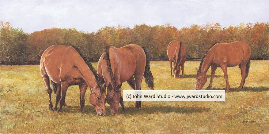 Horse Trio 1 Grazing Horses in a Field by Kentucky artist John Ward