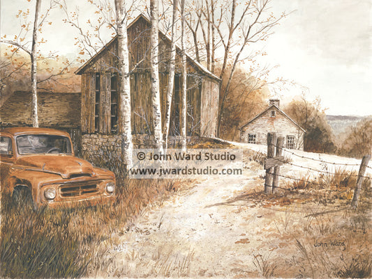 Old Rusty by John Ward www.jwardstudio.com primitive Americana barn farm truck winter snow