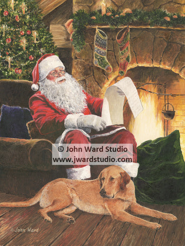 Letters to Santa by John Ward www.jwardstudio.com fireplace dog Christmas holiday toys presents naughty or nice