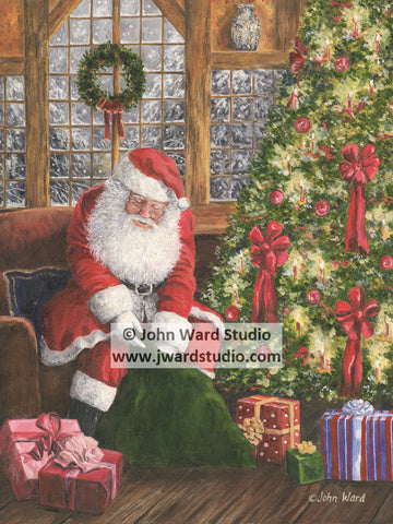 Santa's Toy Bag by John Ward www.jwardstudio.com Christmas Holiday Tree Snow Presents