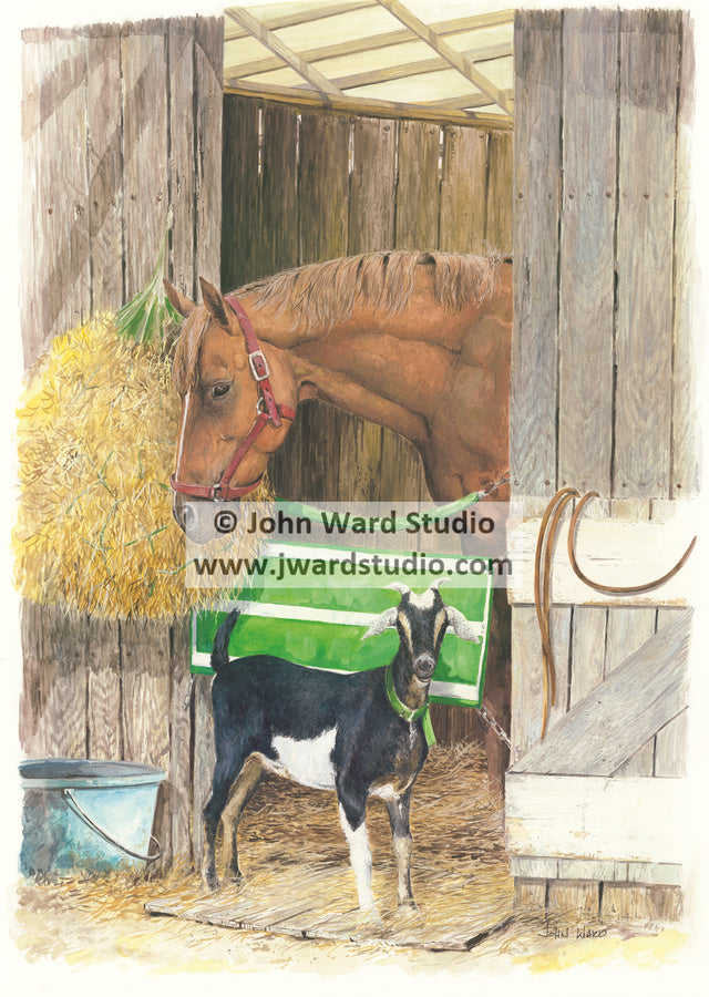 Stable Mates by John Ward www.jwardstudio.com Horse Goat Barn